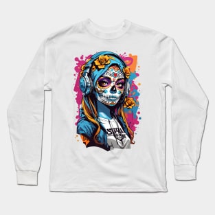 Girl with a skill mask paint and headphones Long Sleeve T-Shirt